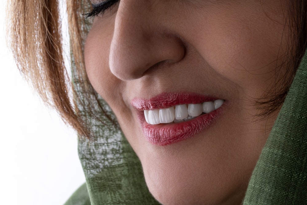 a woman with red lipstick