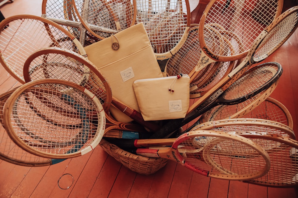 tennis rackets and a basket