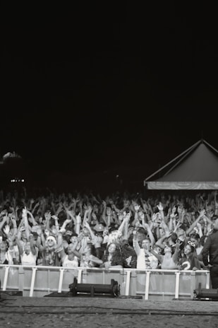 A panoramic shot of the crowd waving hands during an outdoor concert.