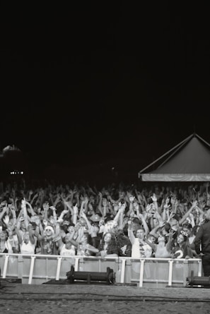 Crowd cheering and waving hands during an outdoor concert.