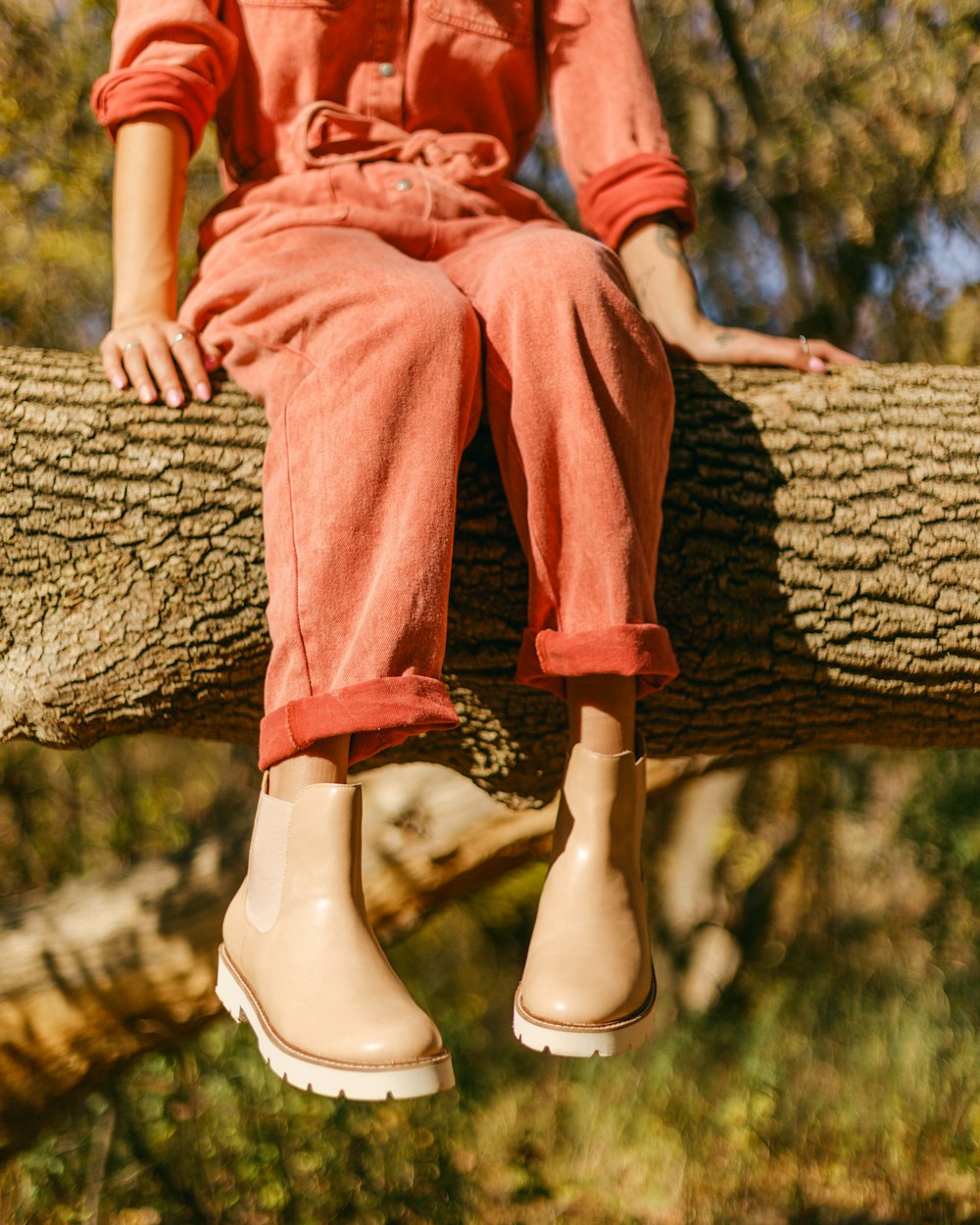 a person sitting on a log