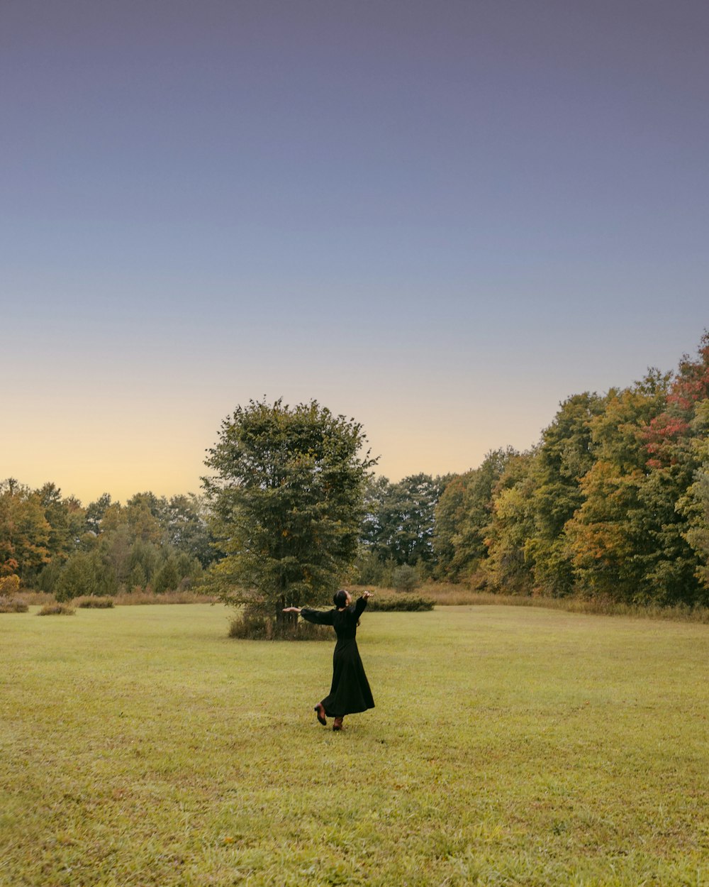 a person in a black dress and a black skirt in a field with trees and blue sky