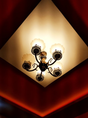 An expert mounting a chandelier in a cozy living room.