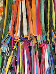 Colorful zippers, buttons, and elastic bands arranged neatly.