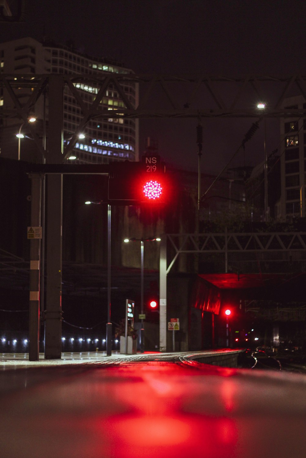 a stop light at night