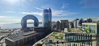 A scenic view of a modern cityscape with distinctive architecture, including a building with a circular opening and a sleek, glass skyscraper. The scene overlooks a body of water, reflecting sunlight, with a coastline visible in the background. Rooftops are adorned with green spaces and play areas.