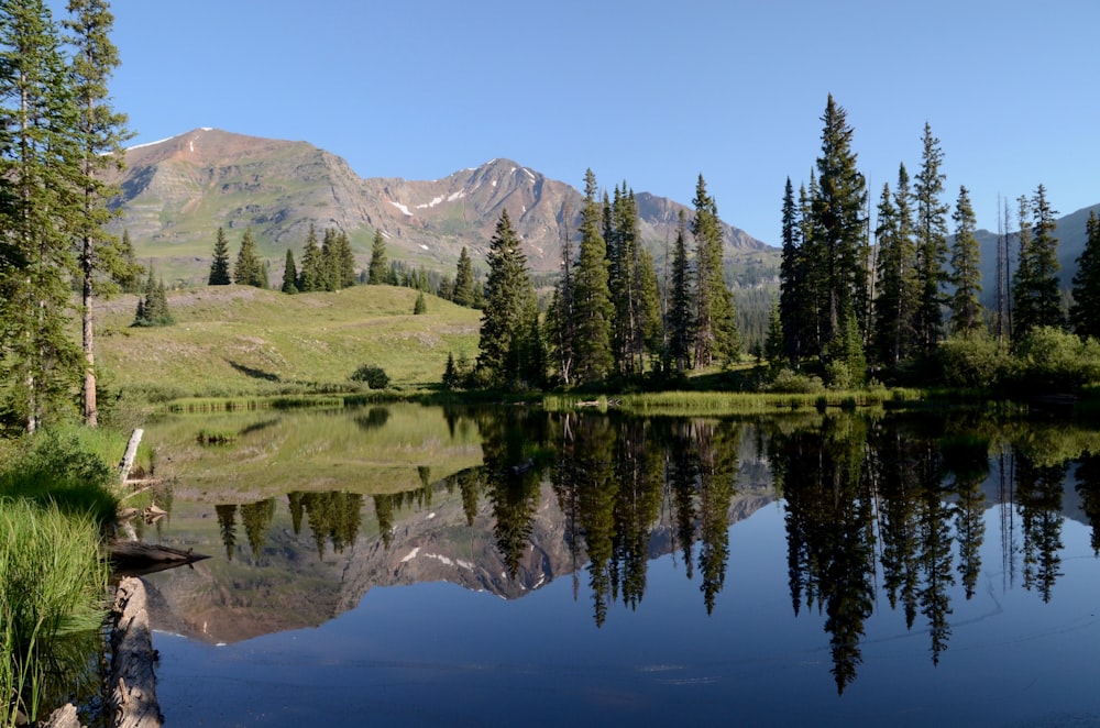 a lake with trees and mountains in the background