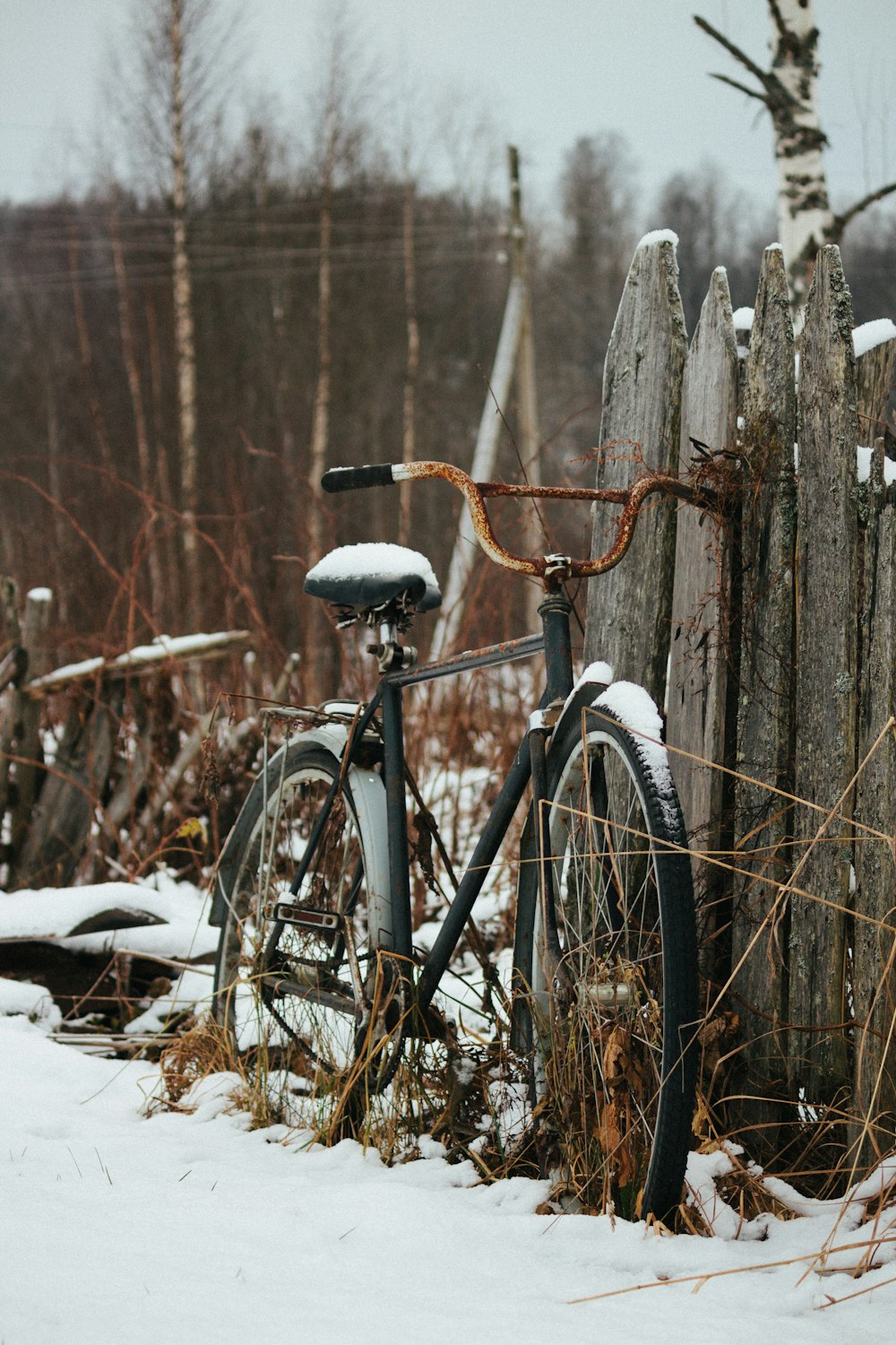 a bicycle parked in the snow