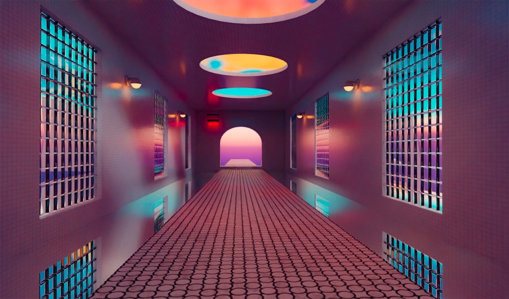 a hallway with colorful lights
