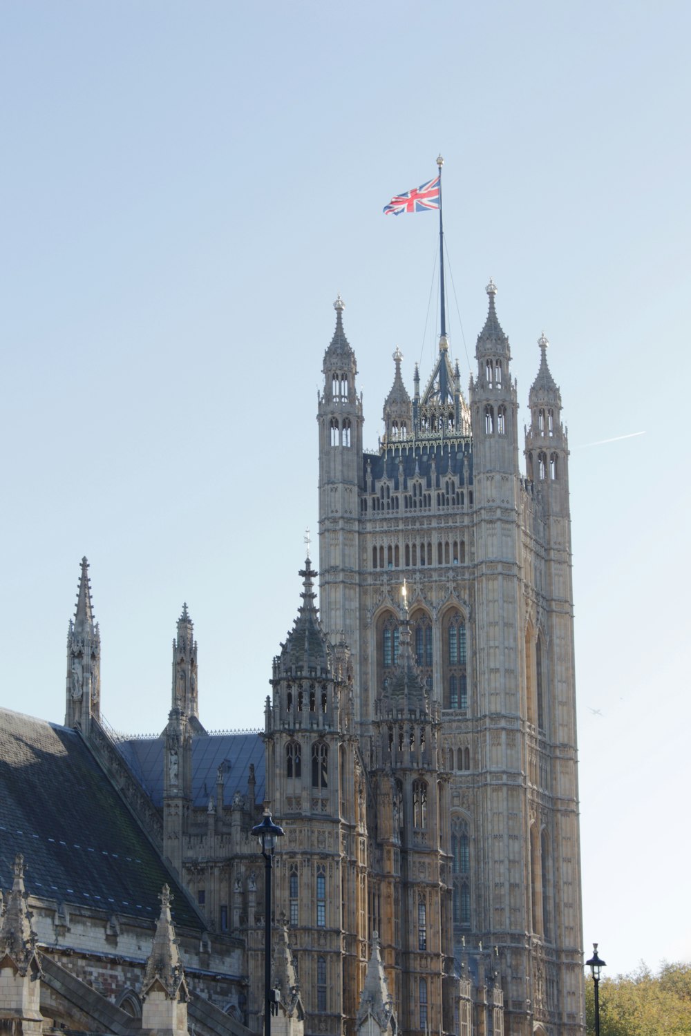 a large building with a flag on top