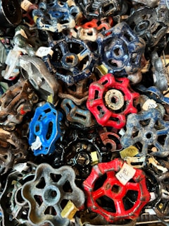 A selection of colorful valve caps and tire repair kits neatly arranged on a display.