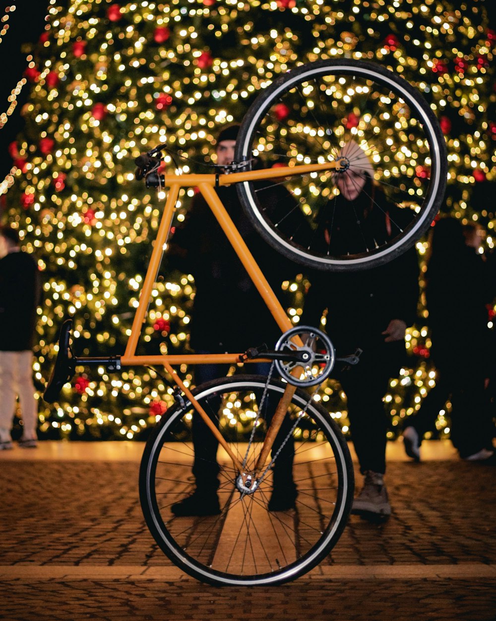 a person holding a bicycle