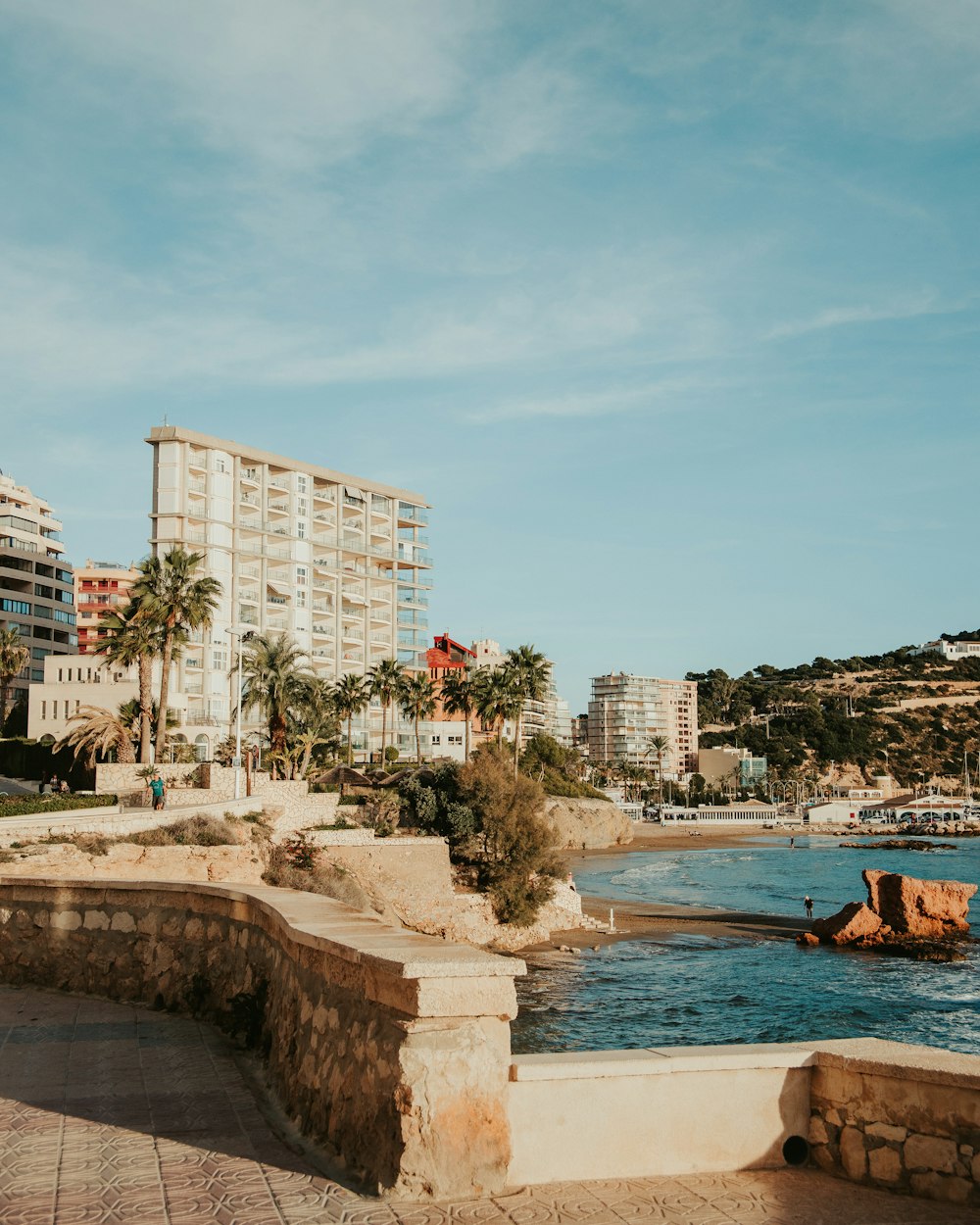 a beach with buildings and trees