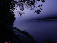 A serene lakeside scene with mist rising over still water, captured in the subtle tones of monochrome.