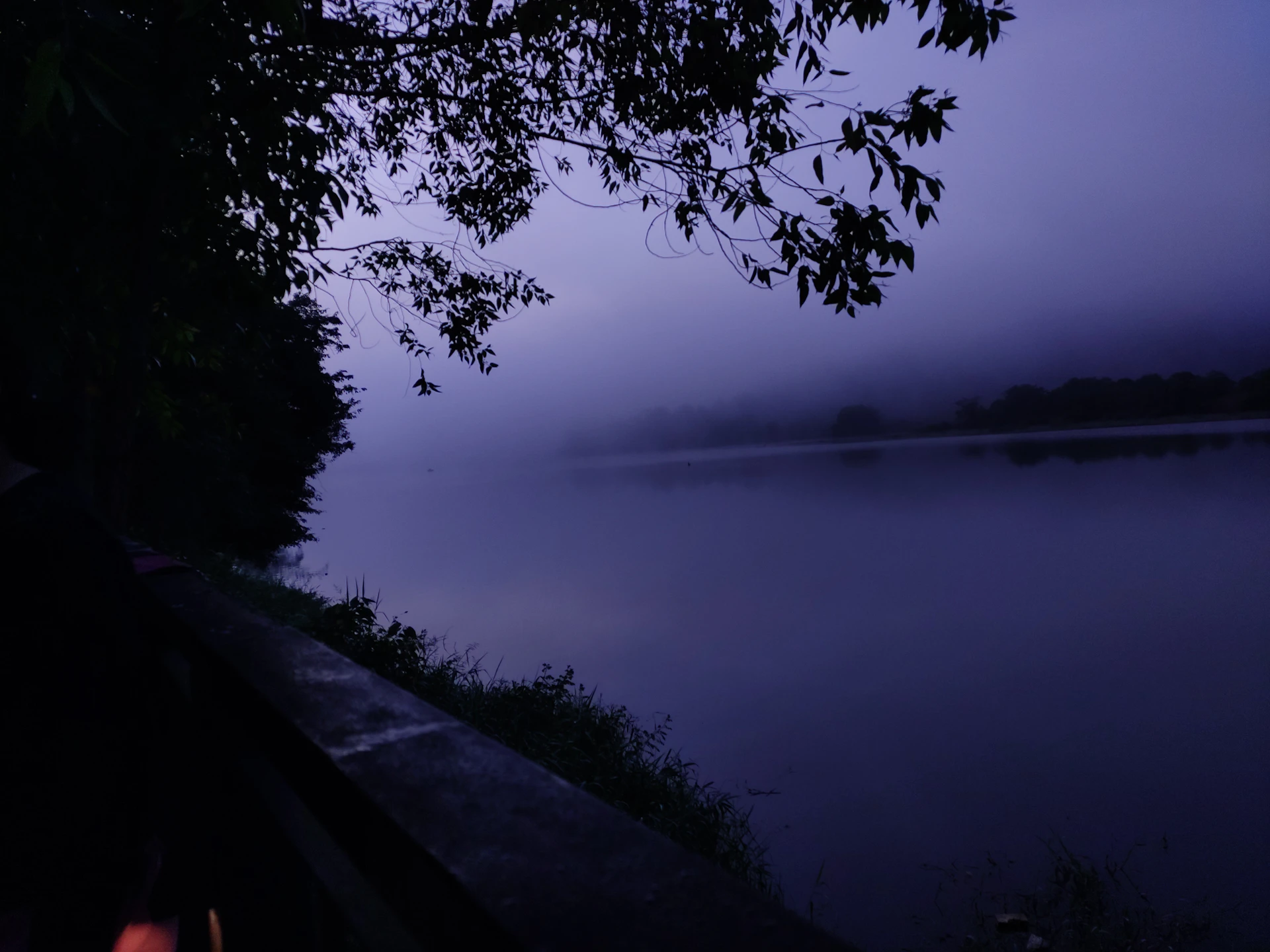 A tranquil lakeside at dawn with mist gently rising over still water, framed by soft pastel skies.