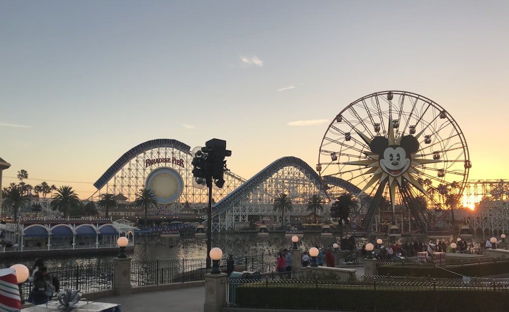 a ferris wheel with a clock