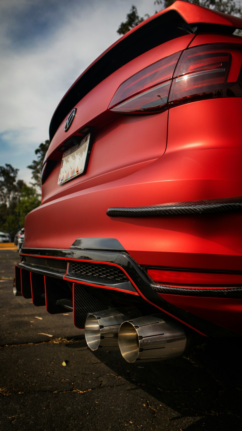 the front of a red car