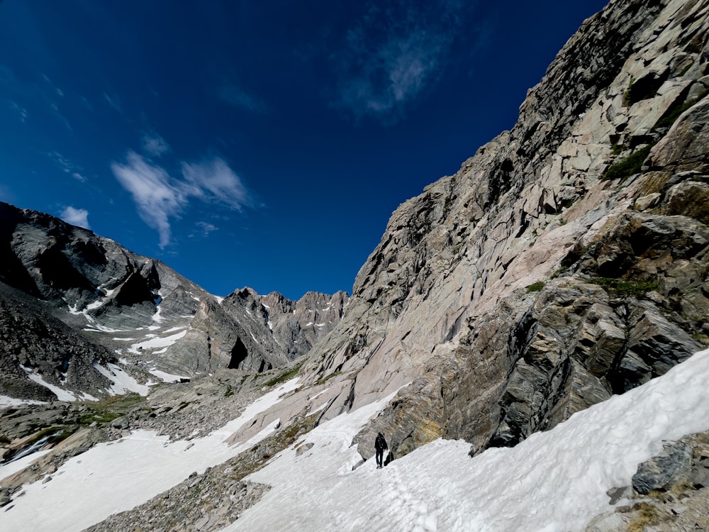 a person walking on a snowy mountain