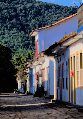 a row of buildings with colorful flags