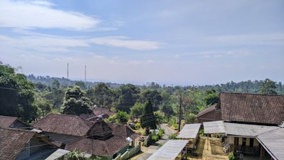 A rural landscape featuring a cluster of houses with tiled roofs surrounded by lush green trees. In the background, there are rolling hills and two visible communication towers. A narrow dirt road winds through the community, indicating a peaceful village setting under a partly cloudy sky.