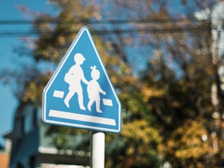 A blue pedestrian crossing sign features silhouettes of an adult and a child holding hands. The background is blurred, showing hints of foliage and a building under a bright sky.
