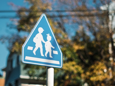 A blue pedestrian crossing sign features silhouettes of an adult and a child holding hands. The background is blurred, showing hints of foliage and a building under a bright sky.