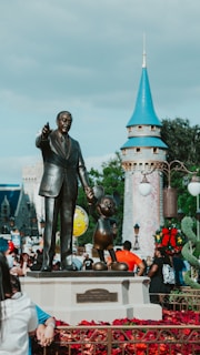 A quiet moment at the Partners statue with Walt Disney and Mickey Mouse under a blue sky