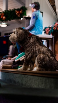 A lifelike model of a dog with realistic fur is sitting prominently in the foreground. In the background, a person wearing a blue hoodie and headphones is seated on a stool, partially turned away from the camera. Holiday decorations, such as garlands and bows, are visible, adding a festive touch to the scene. The setting seems to be indoors with dim lighting.
