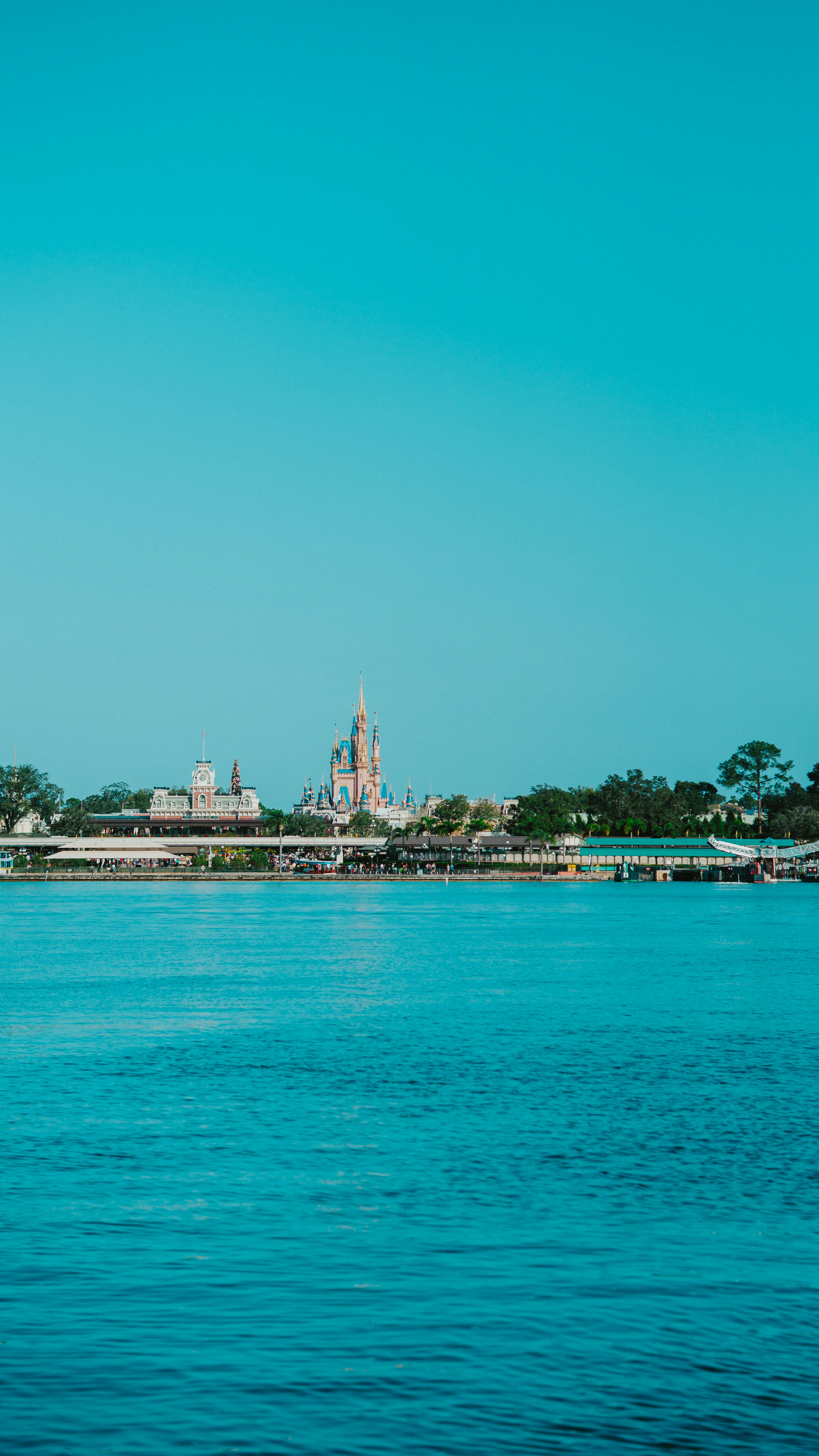 un cuerpo de agua con edificios y árboles al fondo