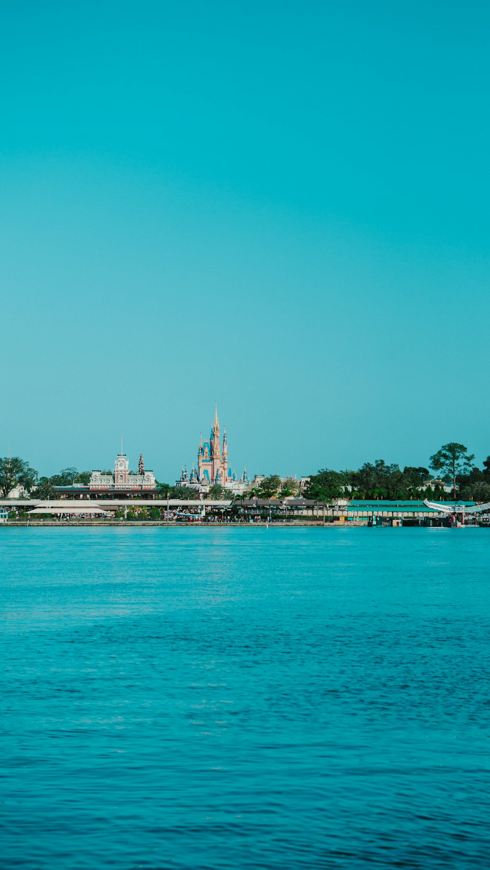 a body of water with buildings and trees in the background