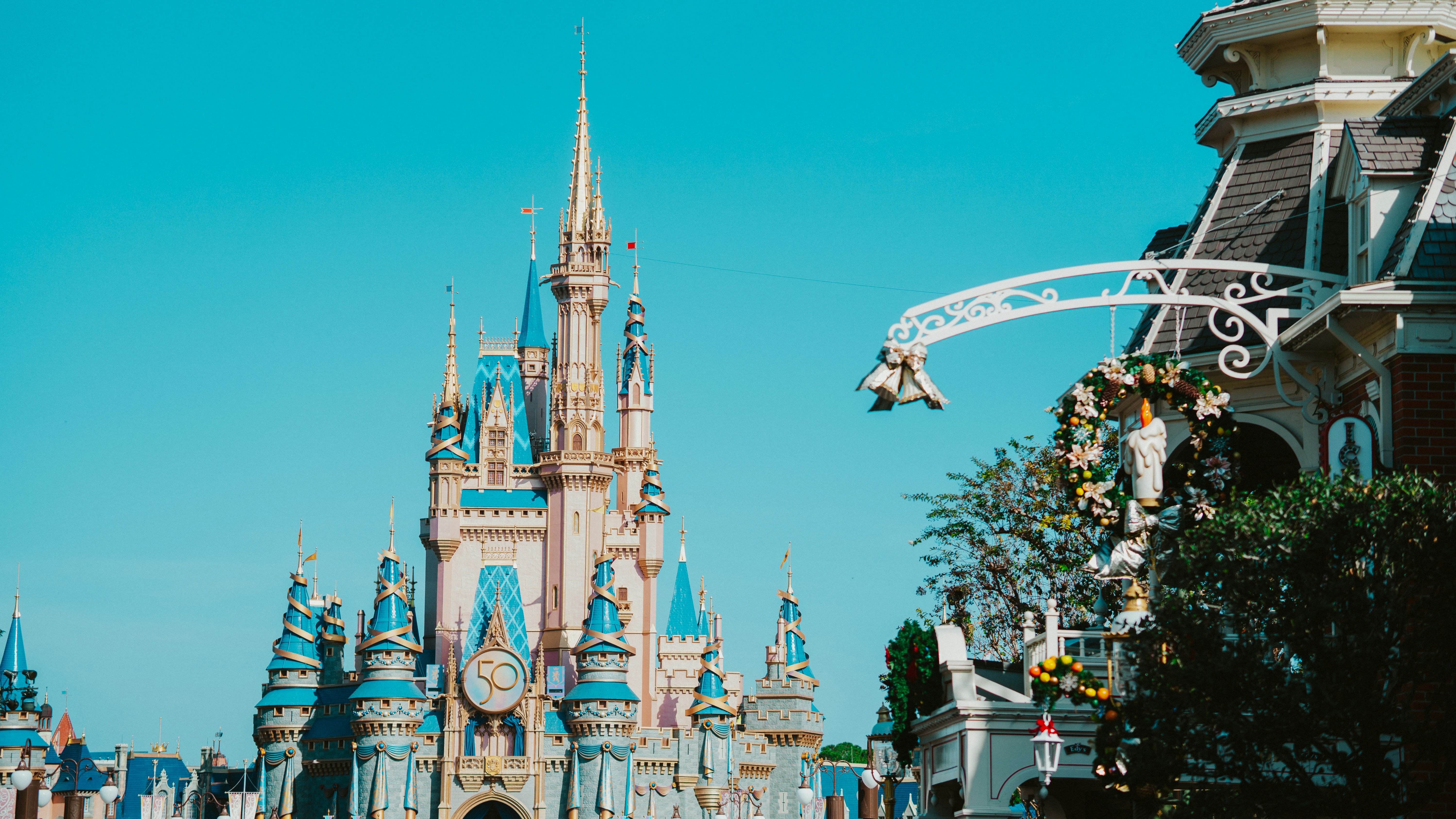 a large castle with blue sky, 