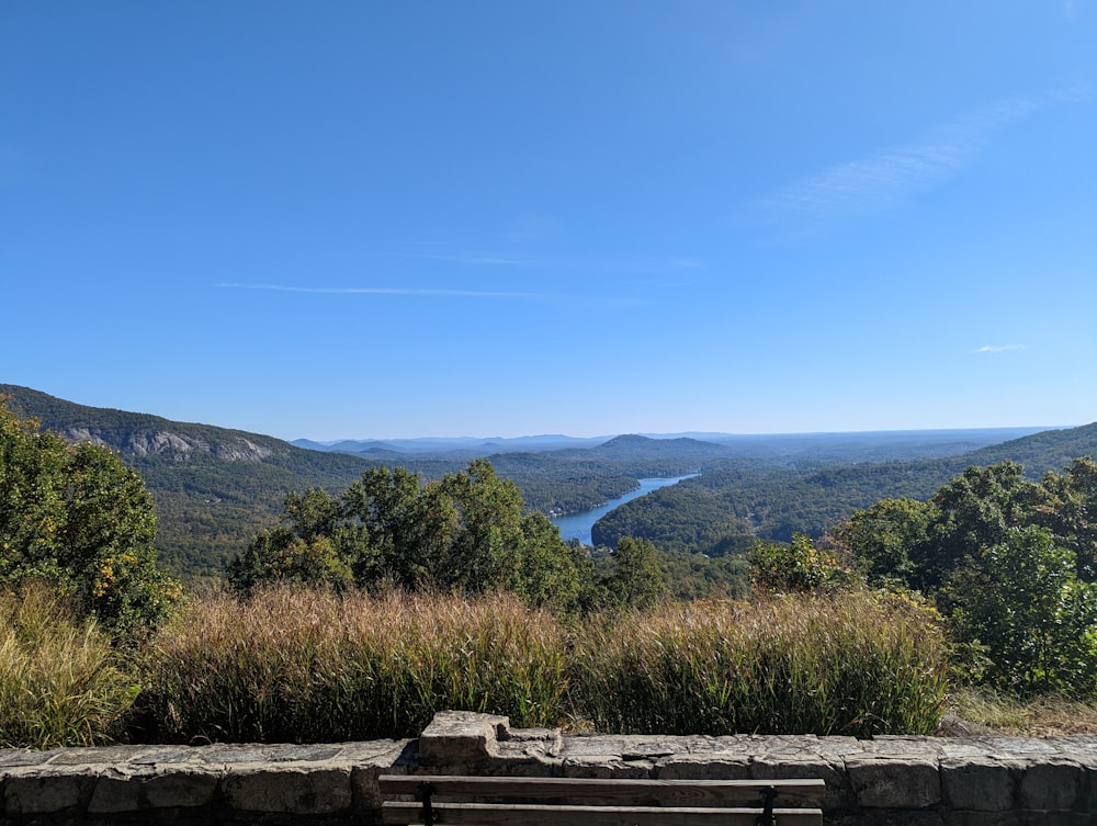 a view of a river and mountains