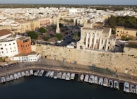 An aerial view of a coastal town with historical architecture, featuring a large stone building with columns on a hill. Below, a marina is lined with small boats docked along a pier. The town has a mix of pastel and white buildings with narrow streets and green trees scattered throughout. In the background, there's a landscape of low, sprawling urban development.