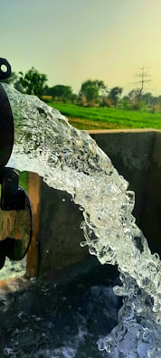 A stream of clear water is gushing from a pipe into a basin, with a backdrop of a lush green field and scattered trees under a clear sky.