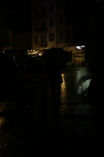 A shadowy silhouette of a figure walking away down a rain-soaked street at dusk.