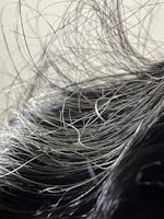A close-up view of hair with numerous loose strands intertwined and overlapping. The strands appear to be gray or silver, indicating natural or dye-induced color. The background is blurred and neutral, focusing attention on the texture and flow of the hair.