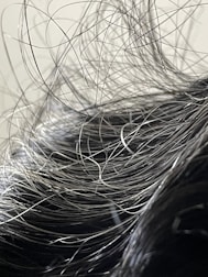A close-up view of hair with numerous loose strands intertwined and overlapping. The strands appear to be gray or silver, indicating natural or dye-induced color. The background is blurred and neutral, focusing attention on the texture and flow of the hair.
