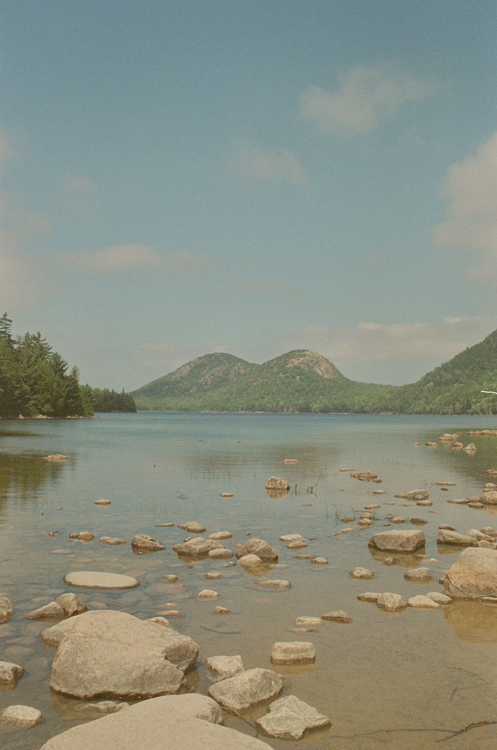 a rocky beach with a mountain in the background