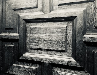 A detailed close-up of a wooden door with a geometric pattern. The wood appears to be dark and polished, showcasing its distinct grain and texture.