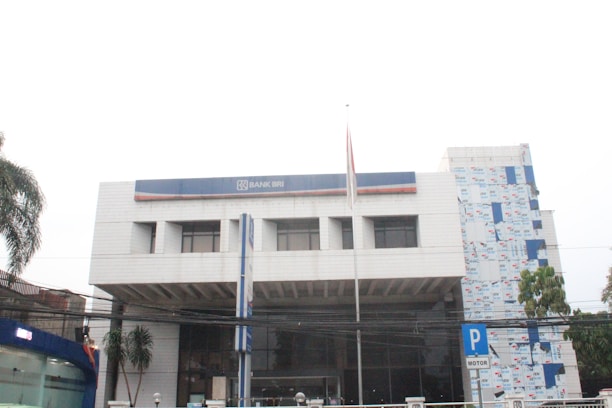 A modern, multi-story building with a predominantly white exterior and a blue sign prominently displaying 'Bank BRI'. The facade has rectangular windows and a small flagpole in front. There is vegetation including palm trees to the side and a parking sign visible on the street.