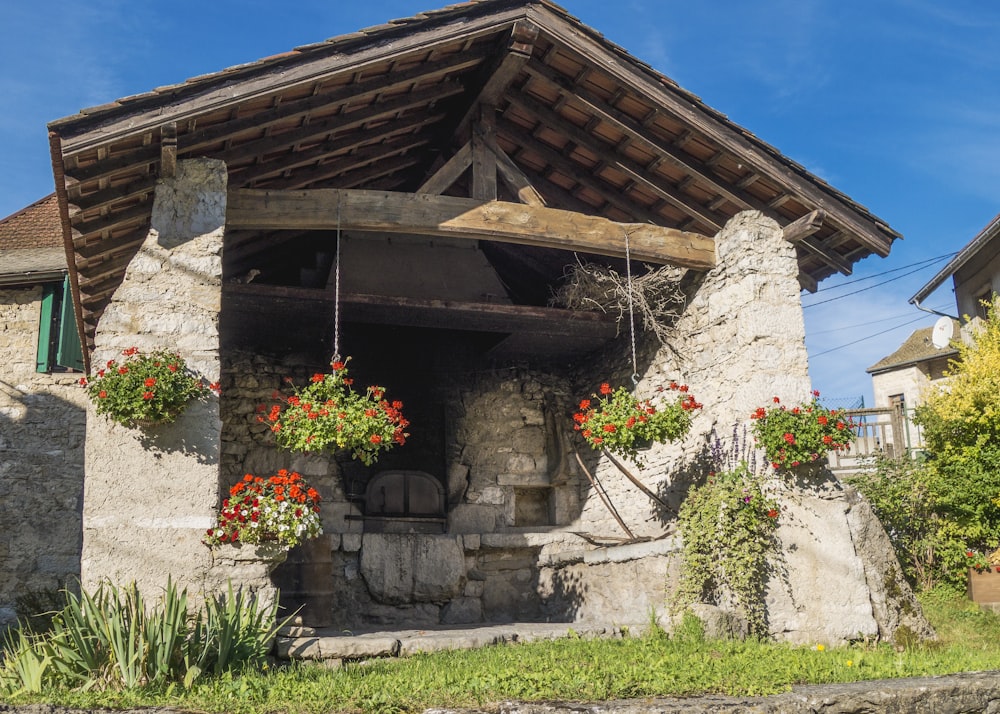 a building with flowers in front of it