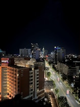 A nighttime cityscape featuring illuminated skyscrapers and buildings. The street in the foreground is lined with trees and adorned with hanging lights or banners. A prominent hotel building with the name 'Hyatt' is visible to the left.