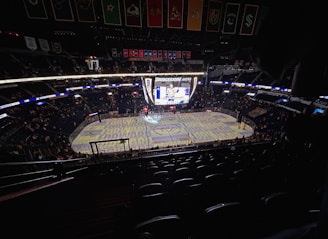 An indoor ice hockey arena with an illuminated scoreboard and a partially filled audience. The ice rink is visible with graphics projected onto the surface, and banners hang from the ceiling. Players are on the ice, and spectators are scattered throughout the stands.