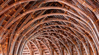 Intricately woven arches made from bamboo create a textured, layered pattern that gives the impression of depth and repetition. The natural material and craftsmanship showcase a blend of traditional techniques with a modern architectural style.