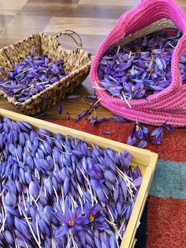 A collection of purple saffron flowers is spread out in a wooden tray and two woven baskets, one of which is pink. The flowers are vividly colored with bright orange stigmas. The surface they are on seems to be a wooden floor with a portion of a textured red and blue rug visible.