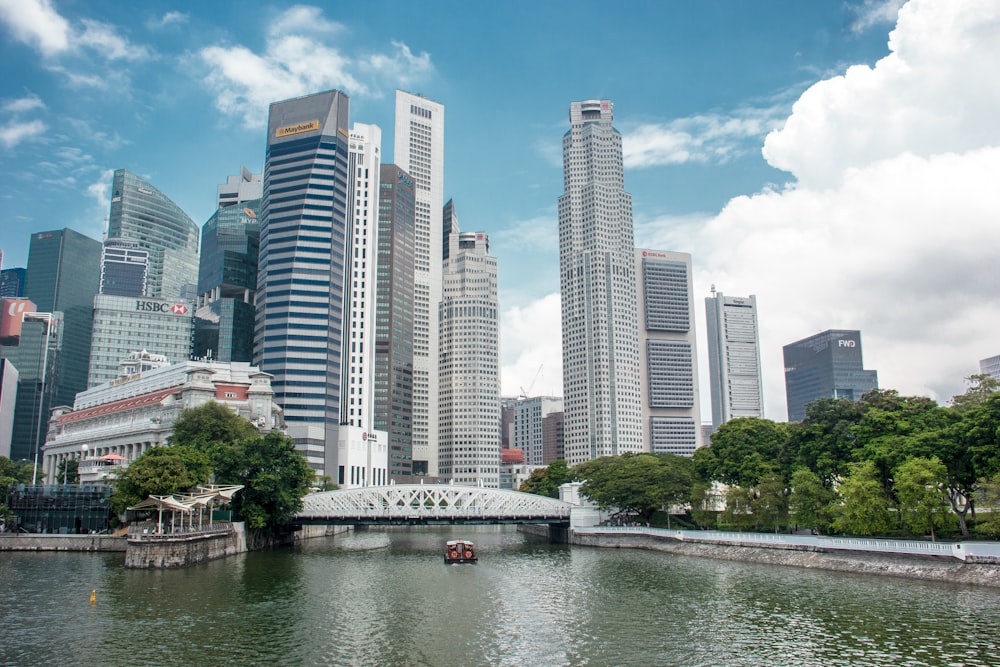 a body of water with a bridge and buildings in the background