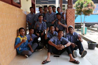 Group photo of Muhammadiyah Jebres youth participating in a cultural workshop, all wearing blue-themed attire.