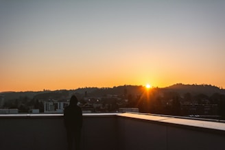 Model showcasing a minimalist hoodie on a city rooftop at sunset.