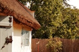 A rustic cottage with a thatched roof and light blue wooden shutters is nestled among lush greenery. The building's facade is white, and the shutters have a weathered look. Tall trees with dense foliage surround the area, and a fence made of wooden reeds adds to the natural setting.