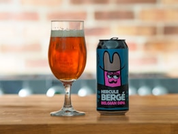 A can of 'Hercule Berg&eacute; Belgian DIPA' beer with a colorful label featuring an illustration of a character wearing a wide-brimmed hat is placed on a wooden surface next to a glass filled with amber-colored beer. The background is softly blurred, showcasing a brick pattern.